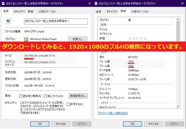 フェラームの動画をダウンロードしたときにプロパティを開くとフルHD画質になっていた