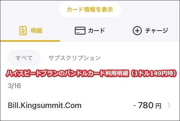 エッチな0930のハイスピードプランに入会した時のバンドルカード利用明細