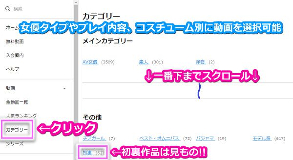 一本道のカテゴリー(女優タイプやプレイ内容、コスチューム別に動画を選択可能)